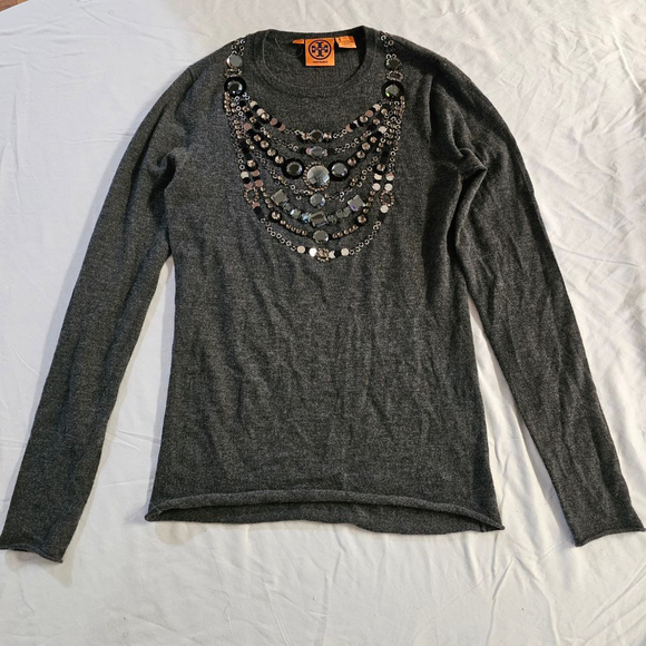 Tory Burch Sweaters - Tory Burch Gray Cashmere Embellished Crew Neck Sweater Small